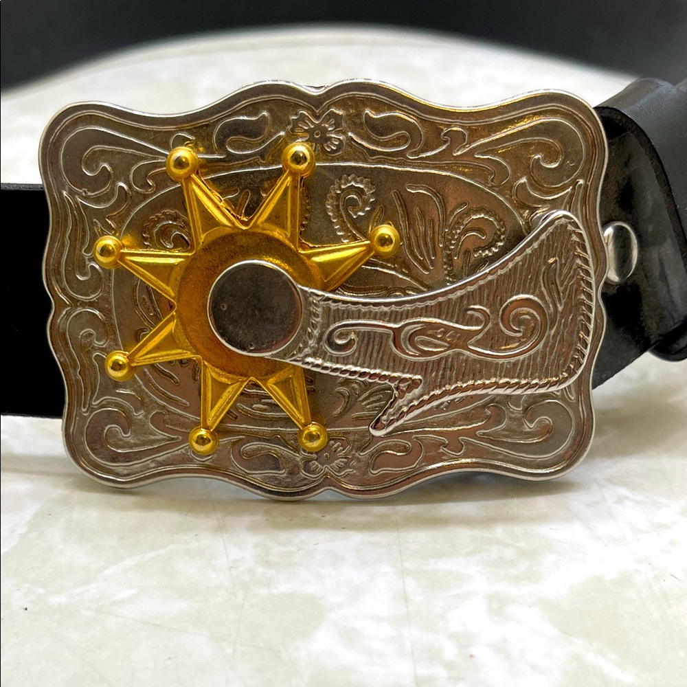 Black Leather Belt 36 inch with Silver and Gold Western Buckle Cowboy Vaquero